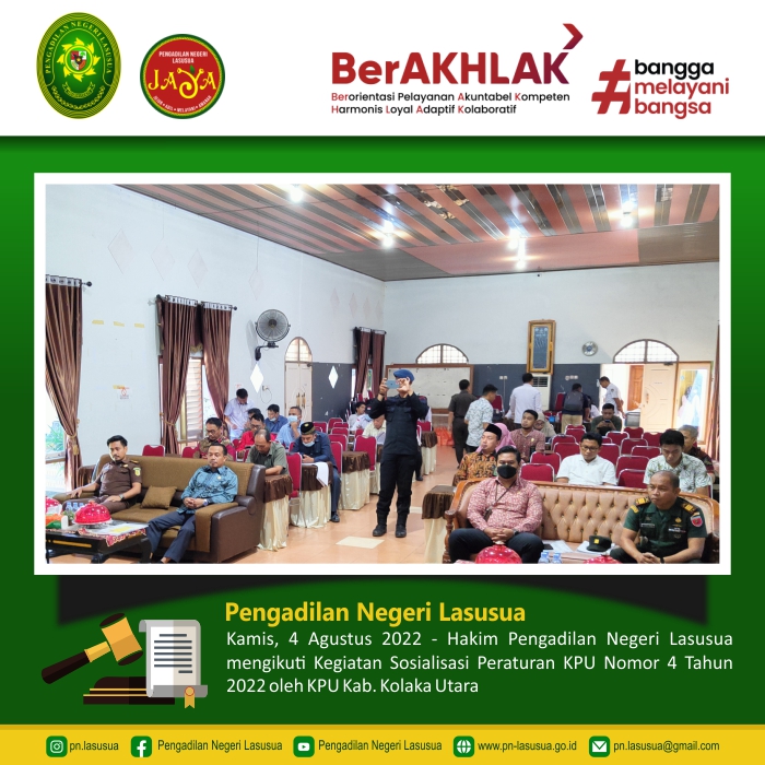 Hakim Pengadilan Negeri Lasusua mengikuti Kegiatan Sosialisasi Peraturan KPU Nomor 4 Tahun 2022 oleh KPU Kab. Kolaka Utara